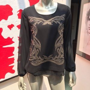 ALFANI black sheer puff sleeve gold stud blouse 4